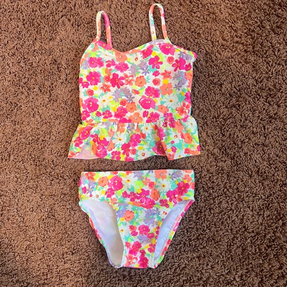 The Childrens Place Girls 3T Floral Tankini‎ Two Piece Swimsuit Pink Orange Teal